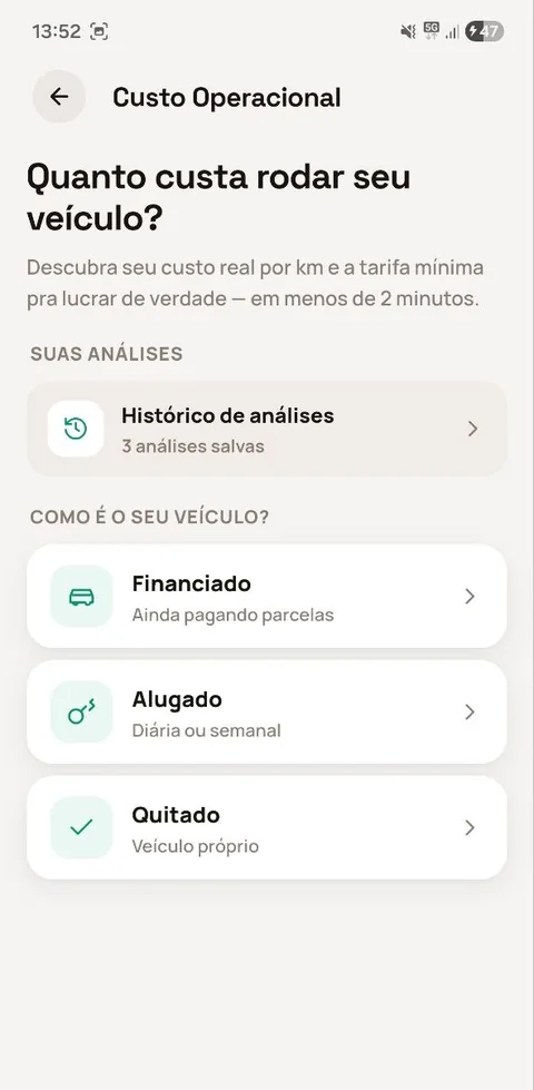 Escolha do tipo de veículo: financiado, alugado ou quitado