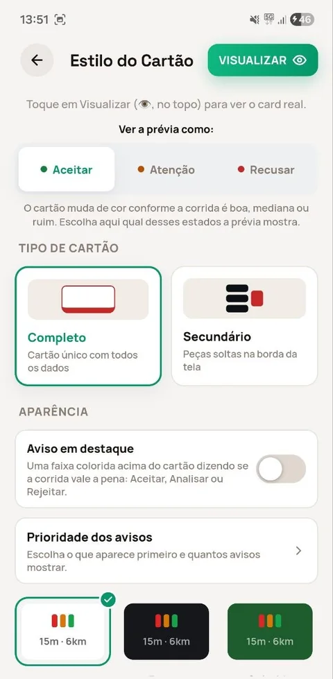 Editor Estilo do Cartão com prévia Aceitar, Atenção e Recusar
