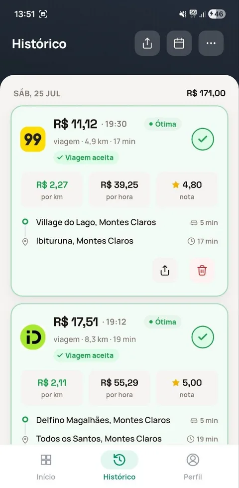 Histórico com corridas da 99 e inDrive marcadas como Ótima e Viagem aceita