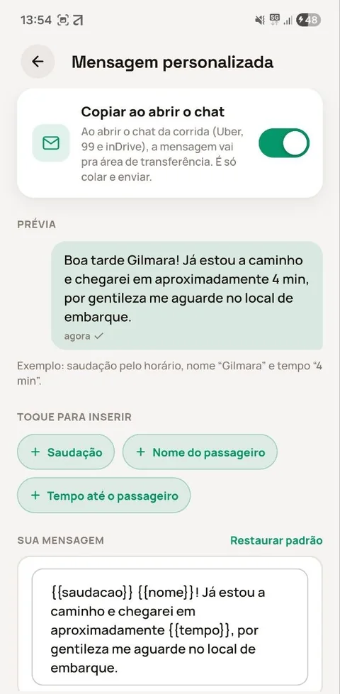 Mensagem personalizada ao passageiro com nome e tempo de chegada