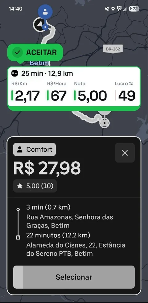 Cartão ACEITAR do Rota Pro por cima de uma oferta real de corrida